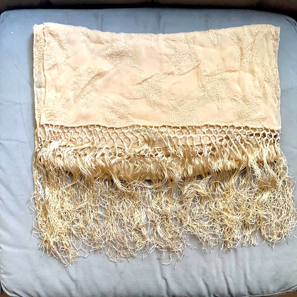 Sheer floral nude tan wrap scarf with crochet tassels